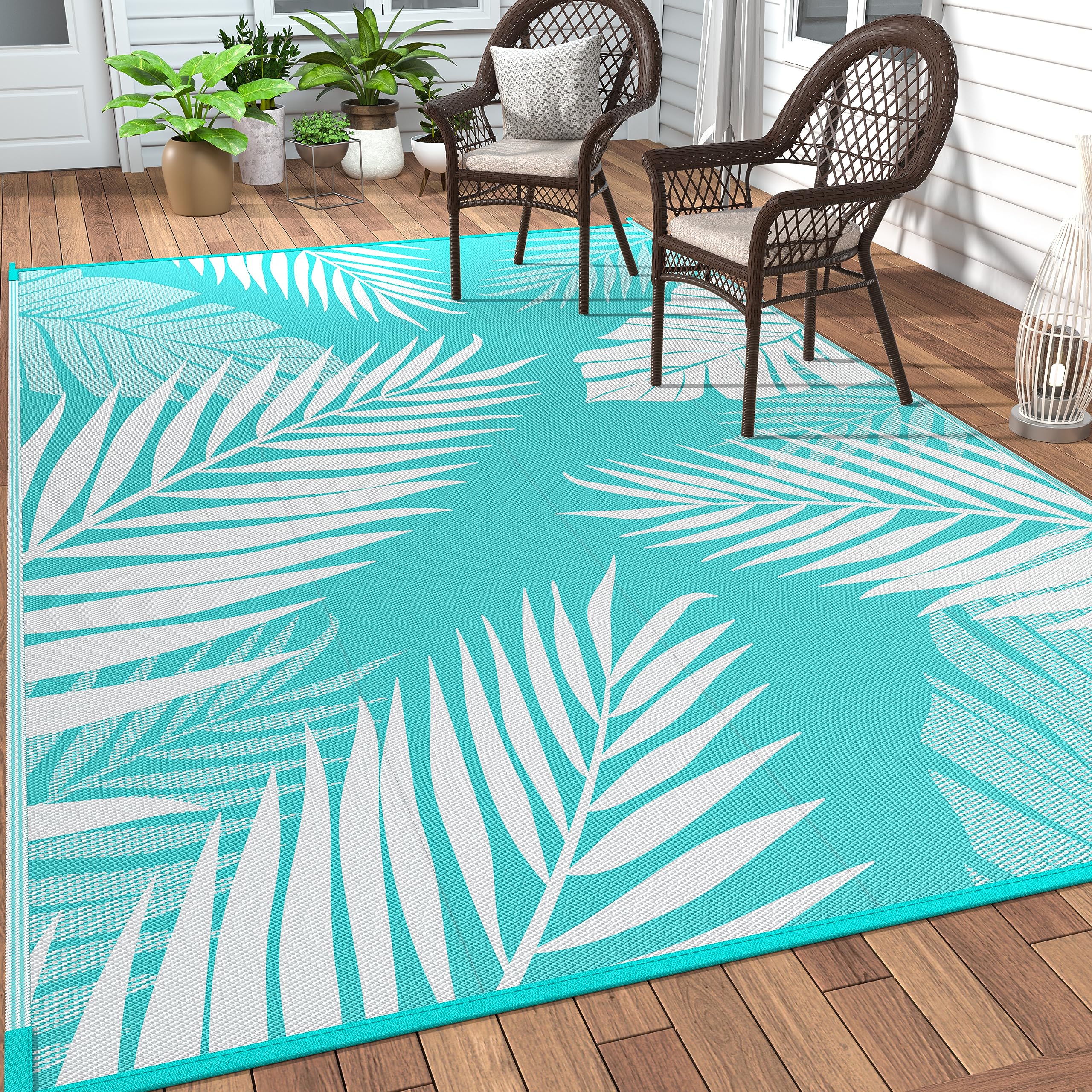 GENIMO alfombra exterior frontal muestra diseño azul marino y blanco, mejora el aspecto del patio