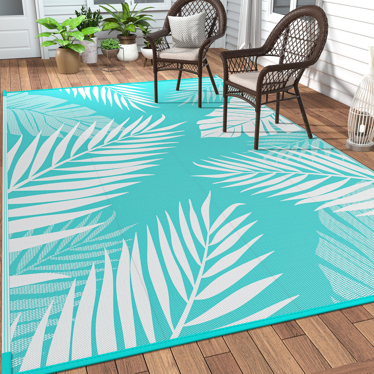 GENIMO alfombra exterior frontal muestra diseño azul marino y blanco, mejora el aspecto del patio