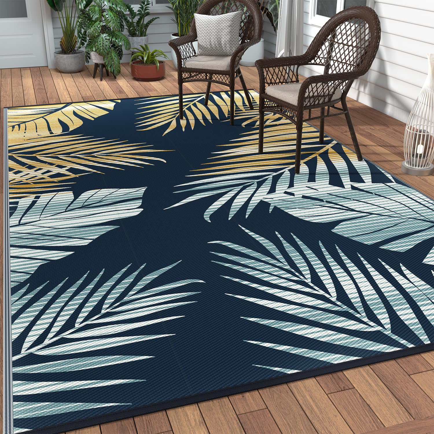 GENIMO alfombra exterior frontal mostrando diseño amarillo y azul marino y beneficio estético