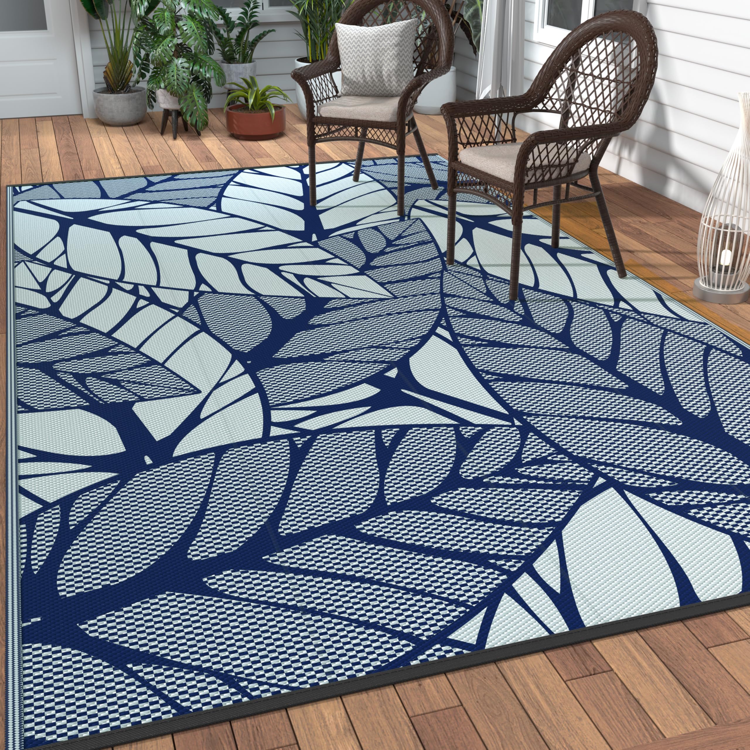 GENIMO alfombra frontal mostrando patrón hojas y beneficio decorativo