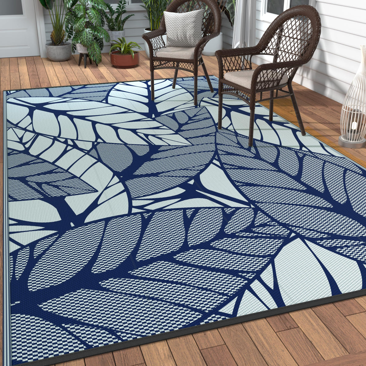 GENIMO alfombra frontal mostrando patrón hojas y beneficio decorativo