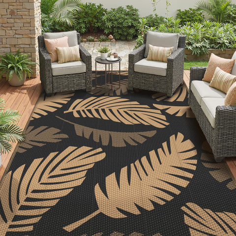 GENIMO alfombra exterior frontal mostrando patrón palma y colores, mejora estética del patio