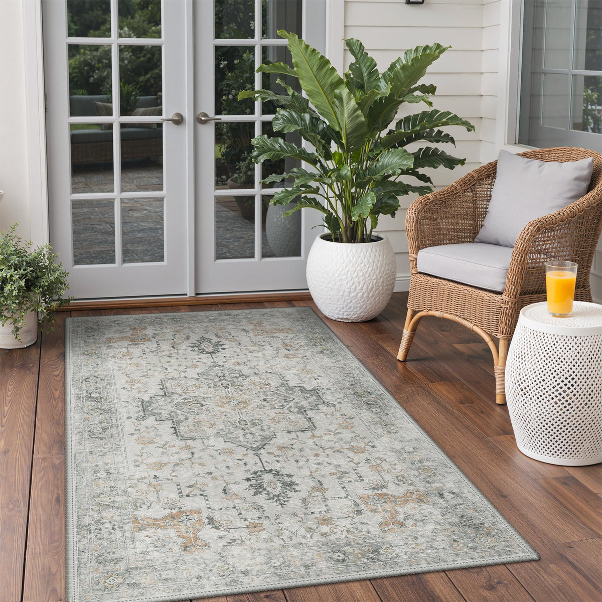 GENIMO alfombra exterior frontal mostrando patrón boho y colores neutros, aporta estilo