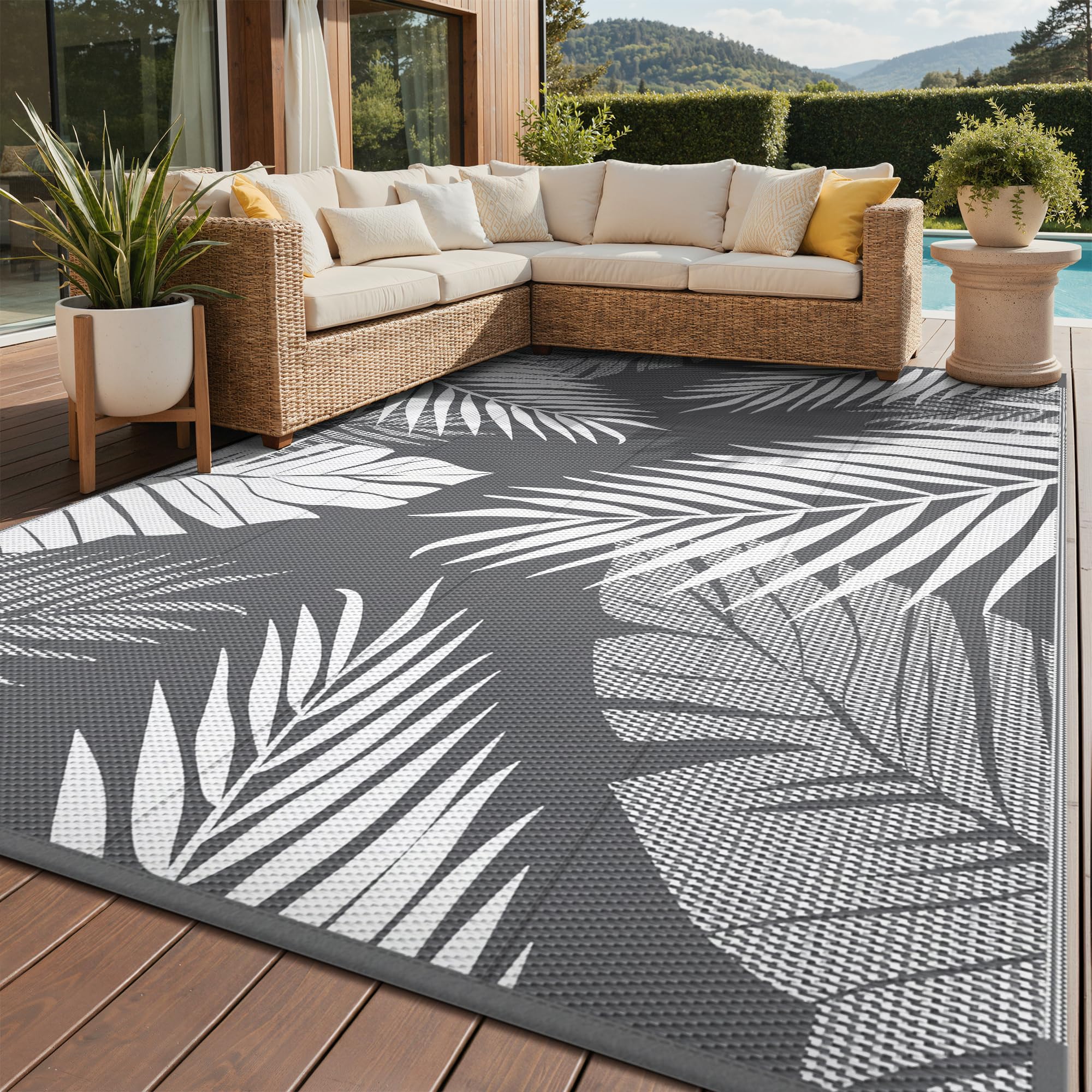 GENIMO alfombra exterior frontal mostrando patrón y tamaño, aporta estilo y cobertura