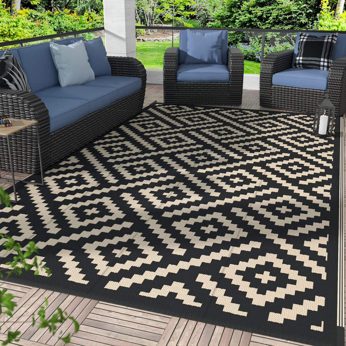 GENIMO alfombra exterior frontal mostrando patrón reversible y ventaja estética