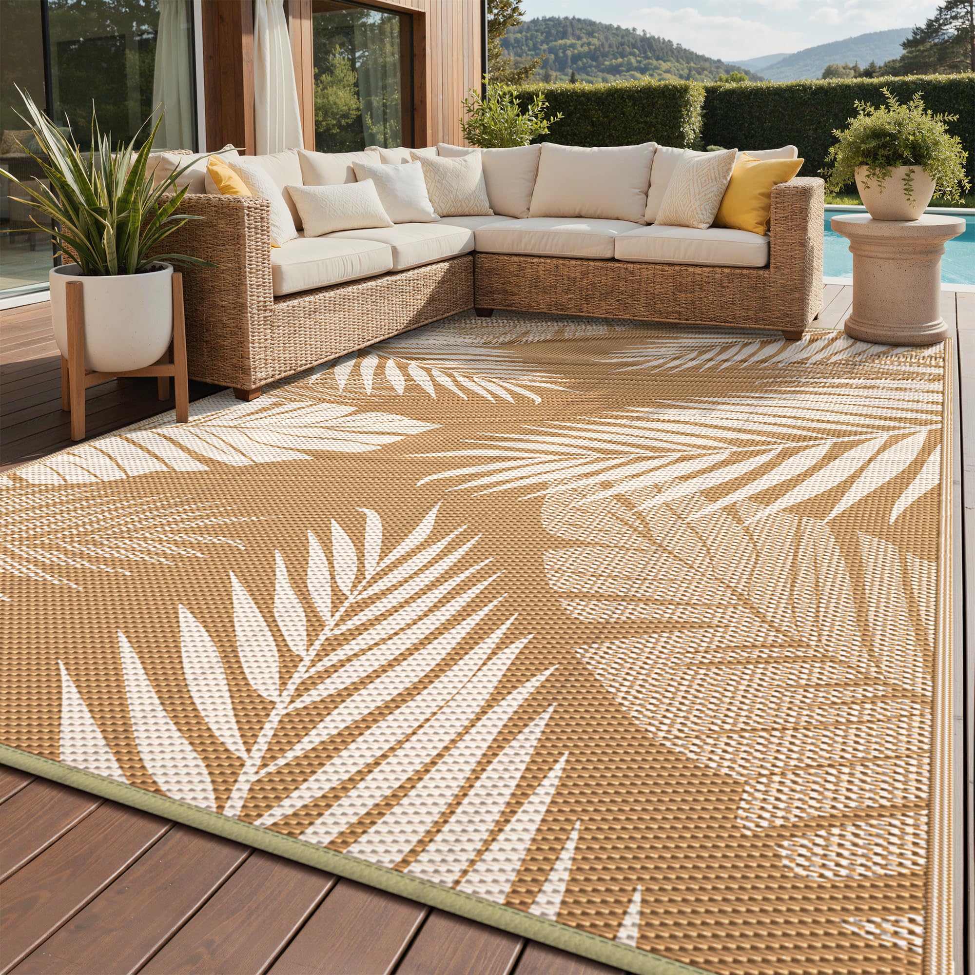 GENIMO alfombra frontal marrón beige mostrando diseño palm leaf y beneficio estético