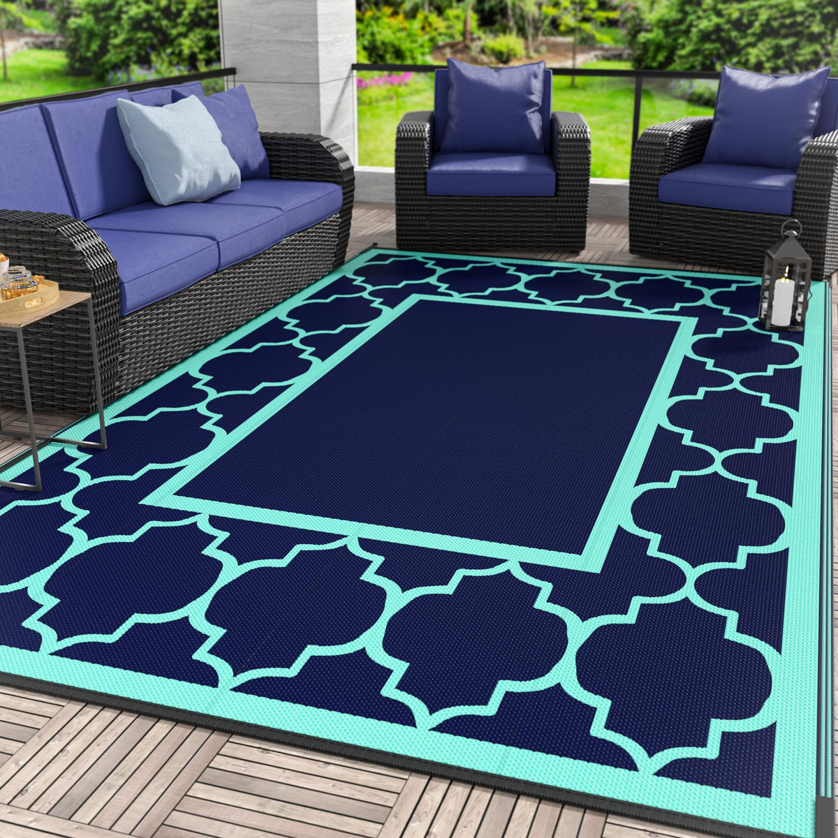 GENIMO alfombra frontal mostrando patrón azul verde y beneficio decorativo