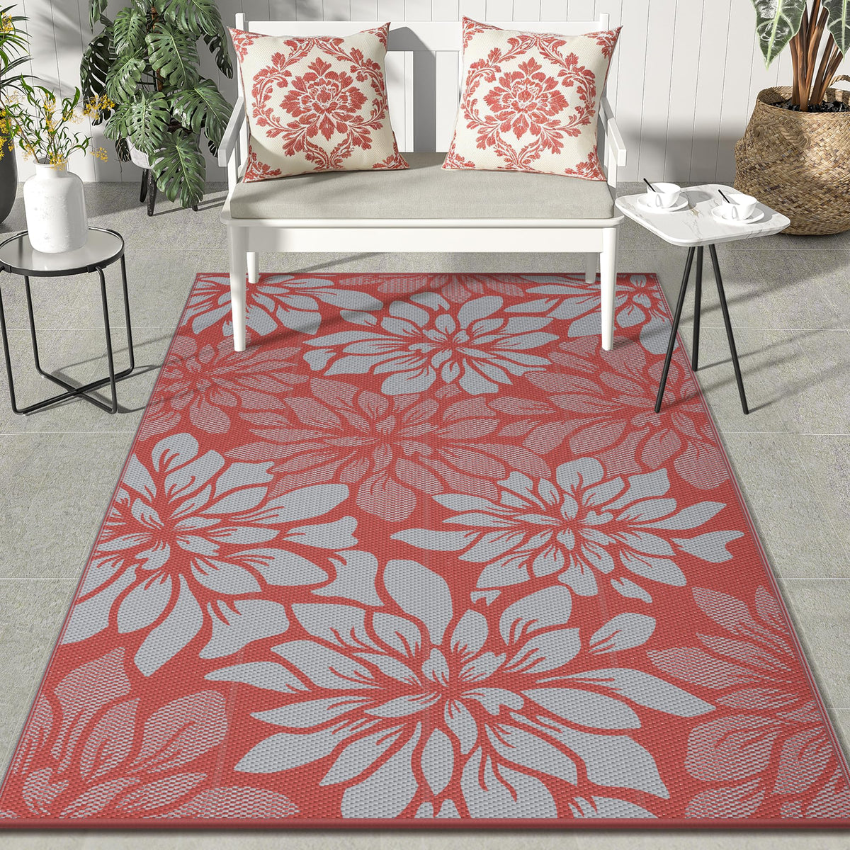 GENIMO alfombra exterior frontal mostrando diseño rojo gris y beneficio estético