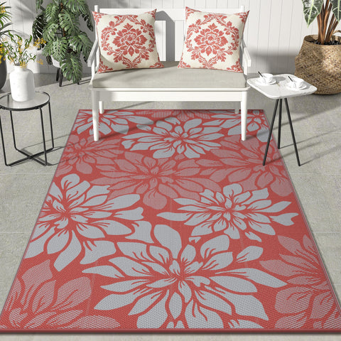GENIMO alfombra exterior frontal mostrando diseño rojo gris y beneficio estético