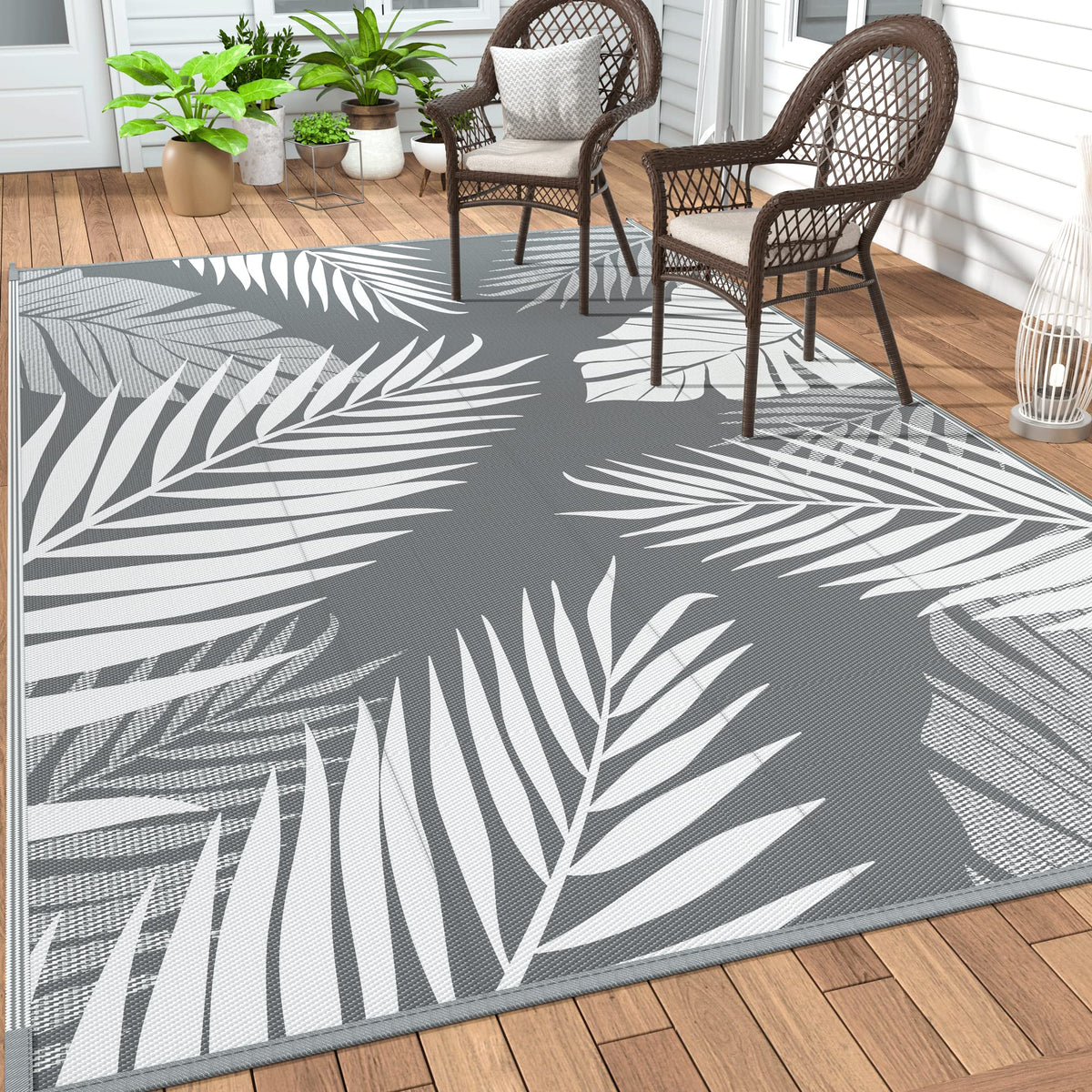 GENIMO alfombra frontal 5x8 gris blanco mostrando diseño y tamaño