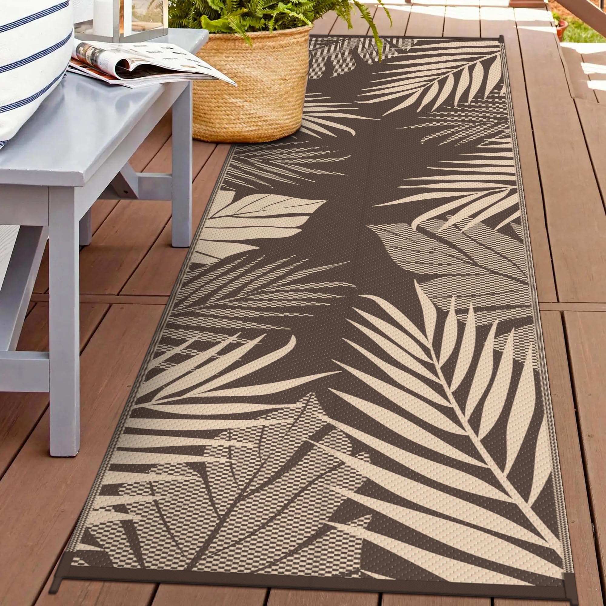 GENIMO alfombra exterior vista frontal con diseño hoja de palma y aspecto acogedor