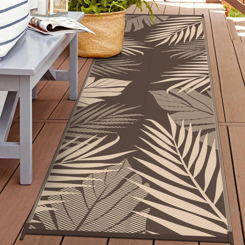 GENIMO alfombra exterior vista frontal con diseño hoja de palma y aspecto acogedor