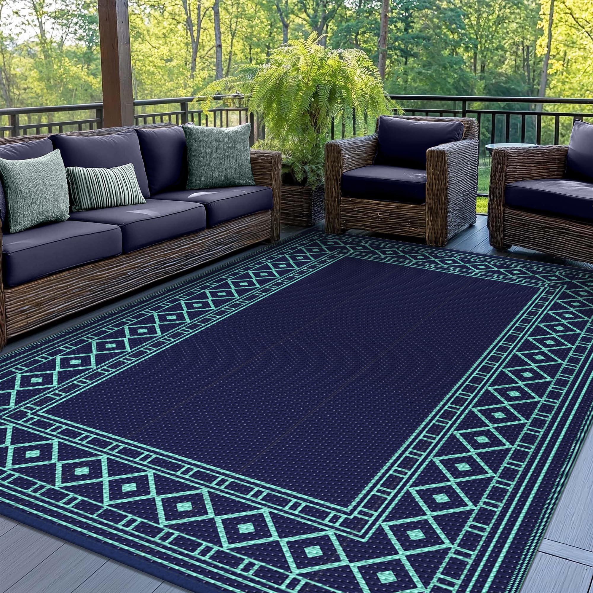 GENIMO alfombra exterior vista frontal con patrón geométrico y estilo moderno