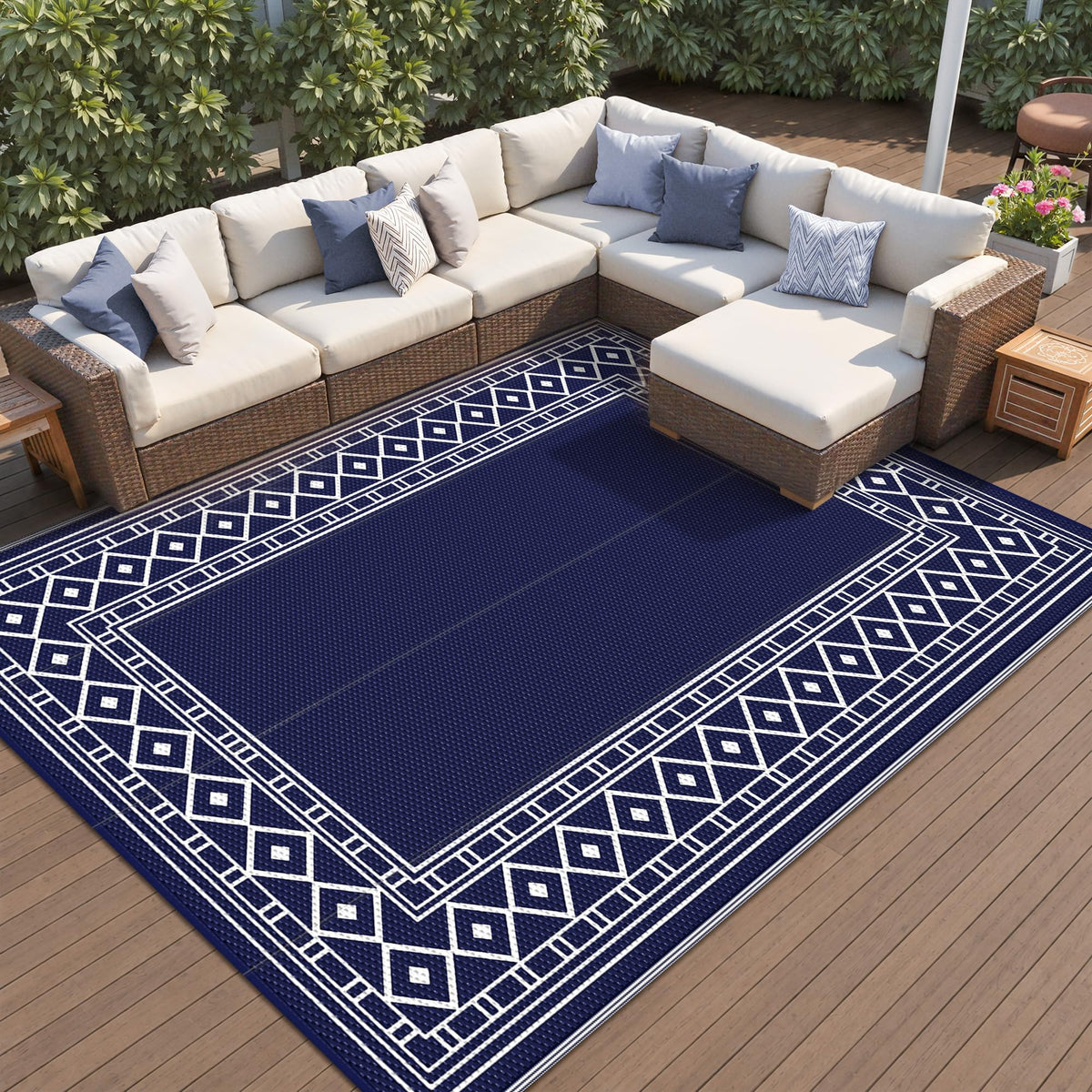 GENIMO alfombra exterior frontal mostrando patrón geométrico y colores
