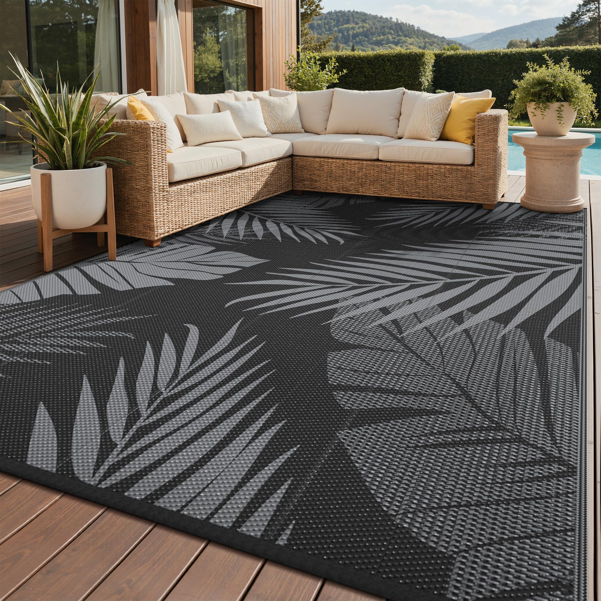 GENIMO alfombra exterior frontal mostrando diseño hojas y colores, estética duradera