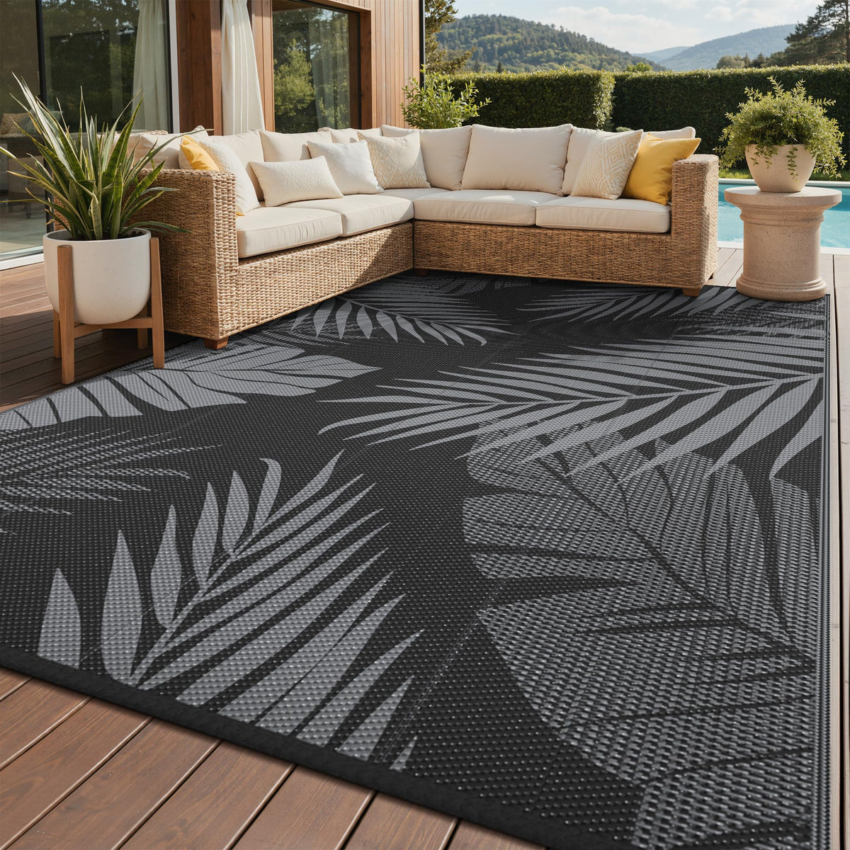 GENIMO alfombra exterior frontal mostrando diseño hojas y colores, estética duradera