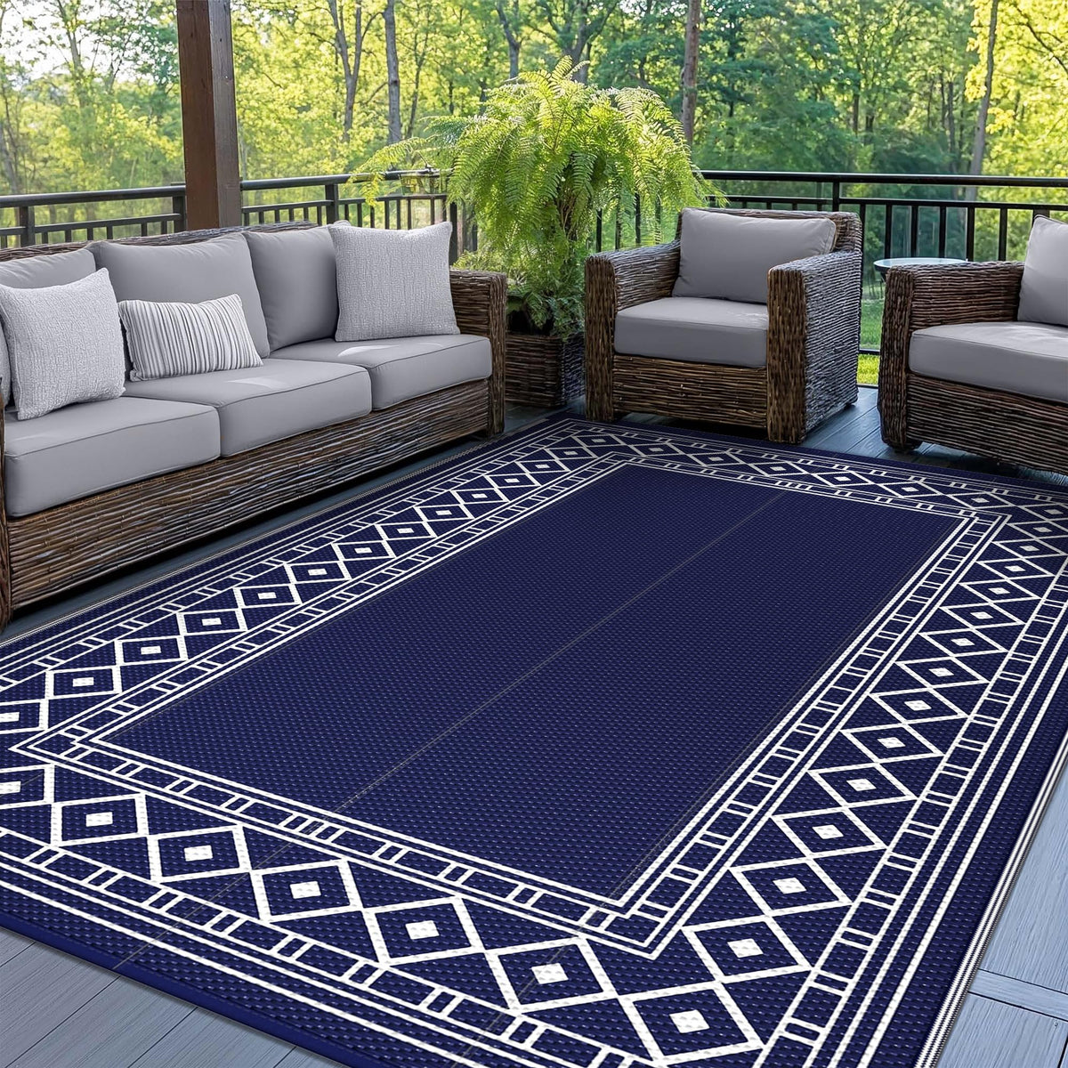 GENIMO alfombra exterior frontal mostrando patrón geométrico y colores