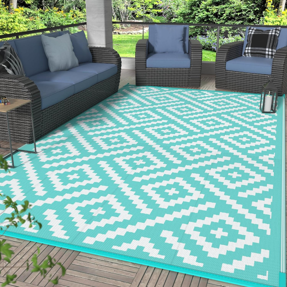 GENIMO alfombra frontal azul niebla muestra diseño reversible y durabilidad