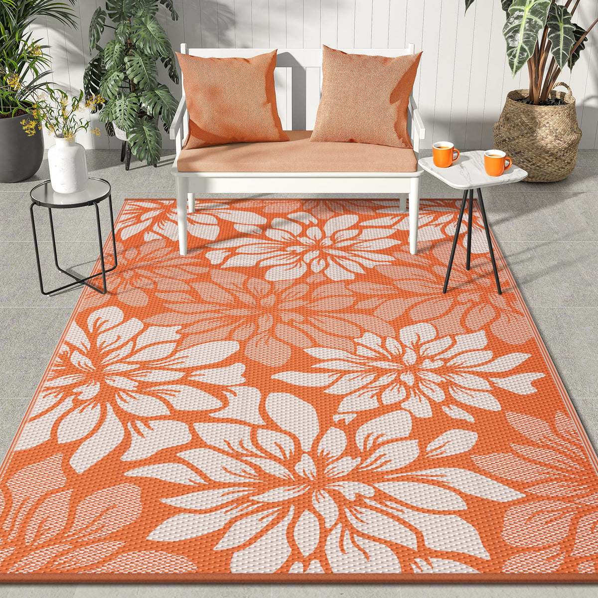 GENIMO alfombra exterior frontal mostrando colores naranja beige y patrón
