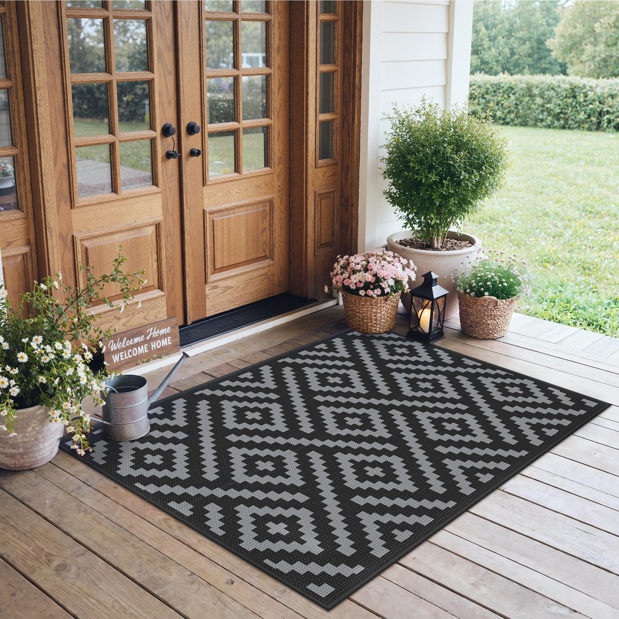 GENIMO alfombra exterior frontal mostrando patrón reversible y beneficio de ocultar suciedad
