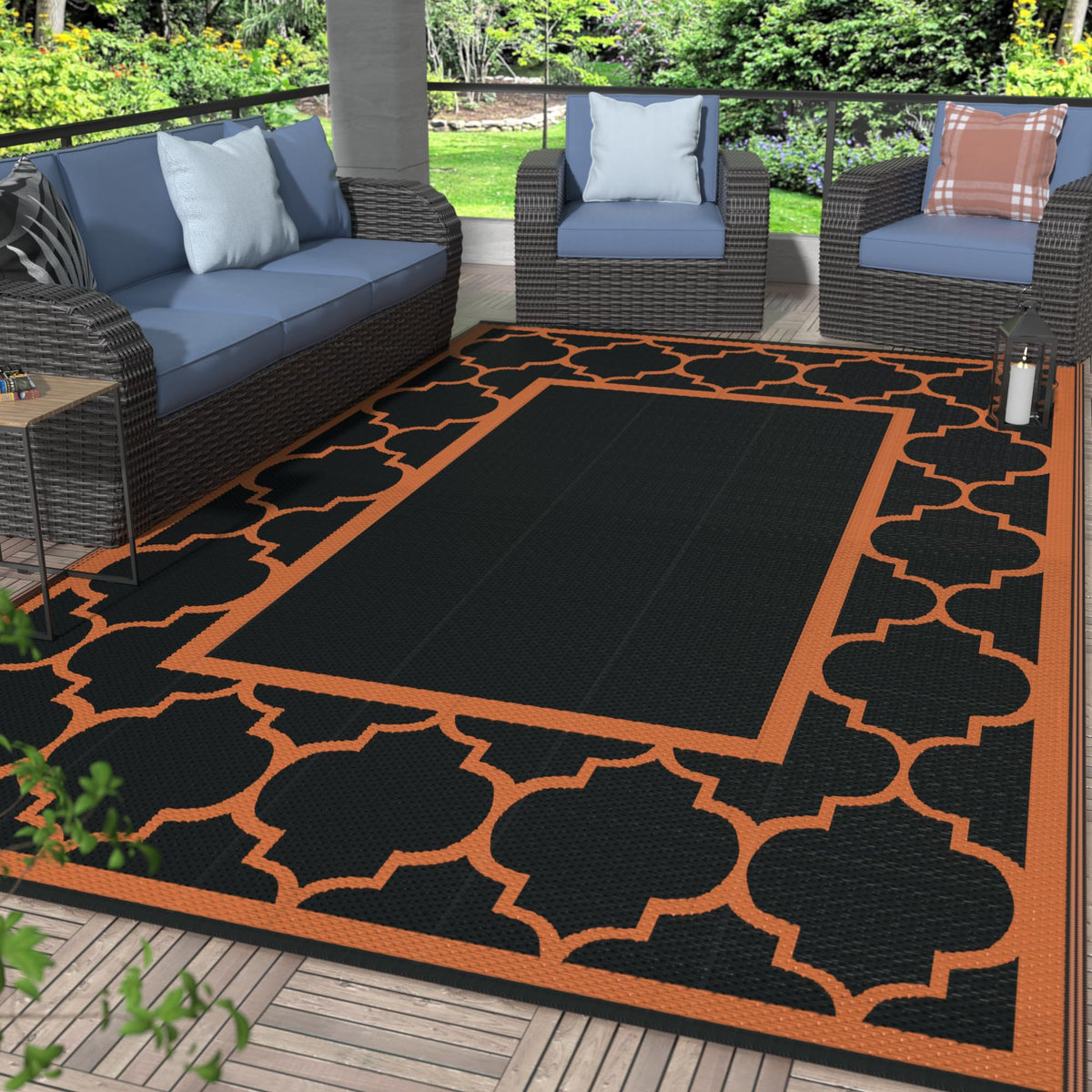 GENIMO alfombra exterior frontal muestra diseño negro naranja y beneficio estético