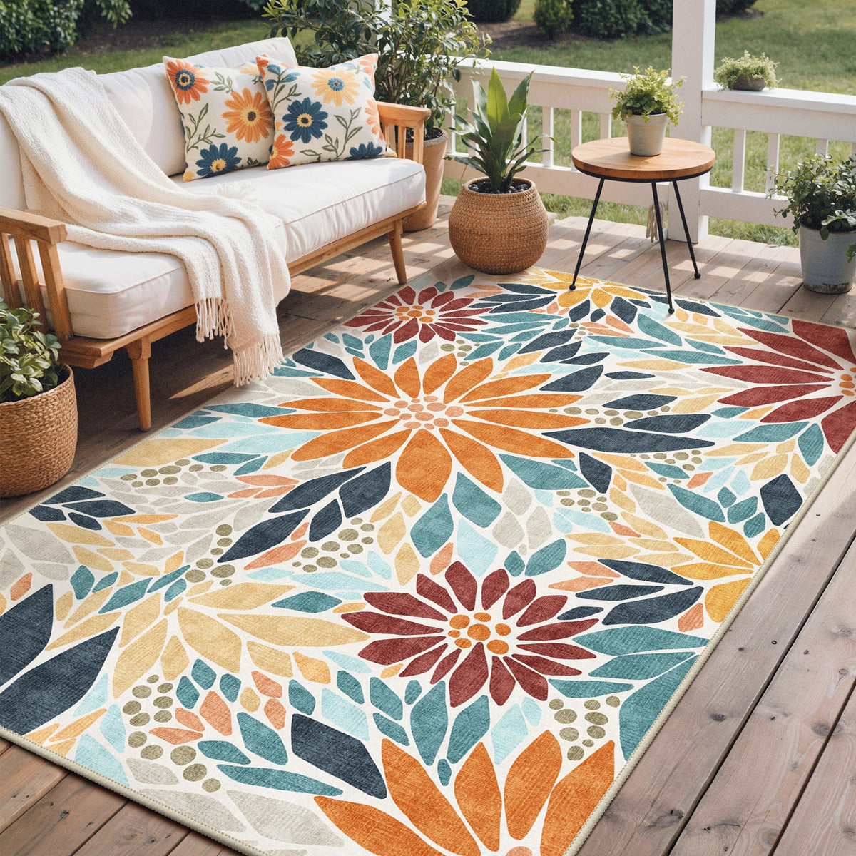 GENIMO vista frontal de la alfombra rust blue mostrando diseño floral y comodidad
