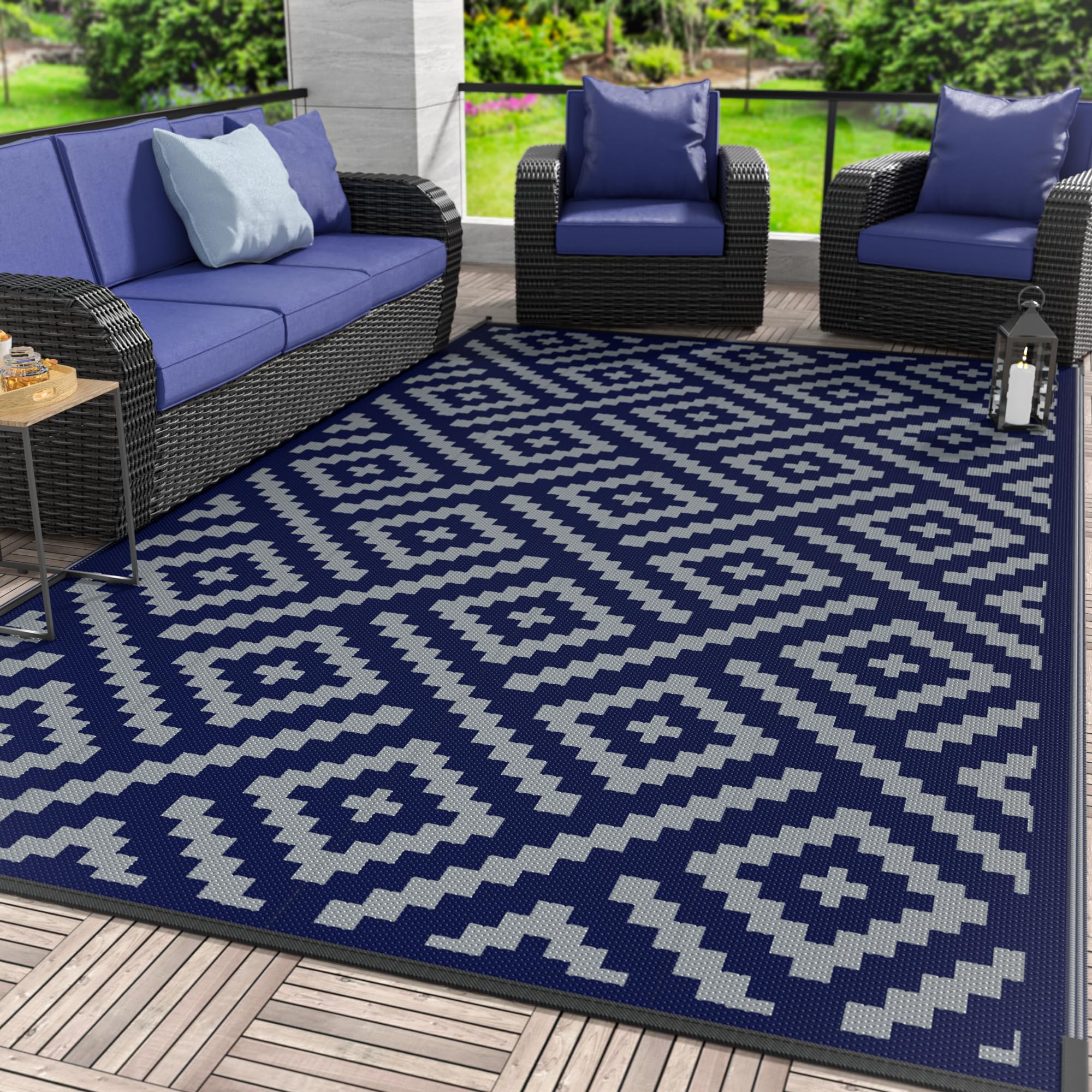 GENIMO alfombra frontal 5'x8' mostrando patrón azul gris y durabilidad