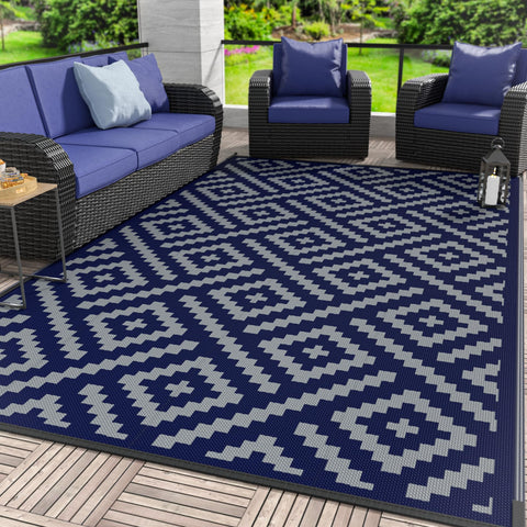 GENIMO alfombra frontal 5'x8' mostrando patrón azul gris y durabilidad