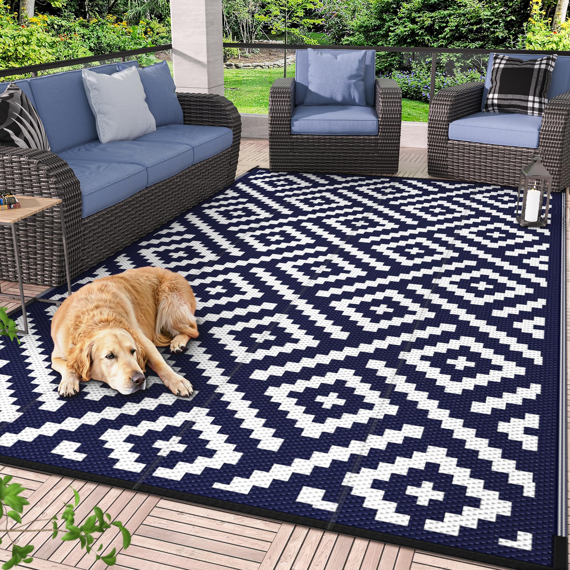 GENIMO alfombra frontal 6'x9' mostrando diseño azul blanco y uso elegante