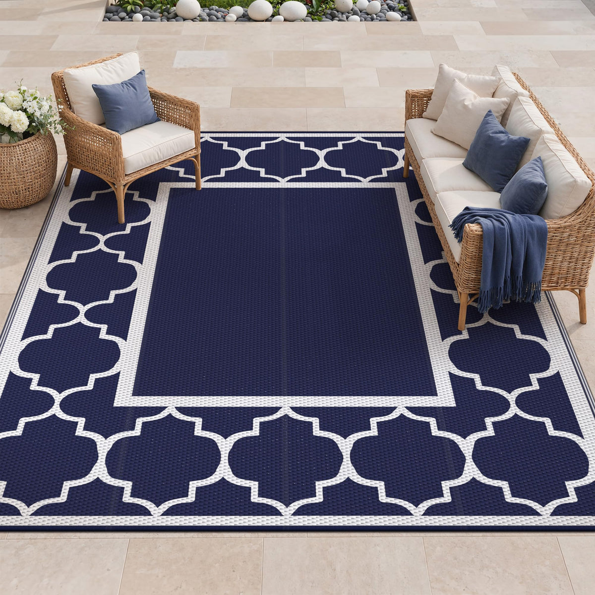 GENIMO alfombra frontal 8x10 azul blanco muestra diseño y beneficio impermeable