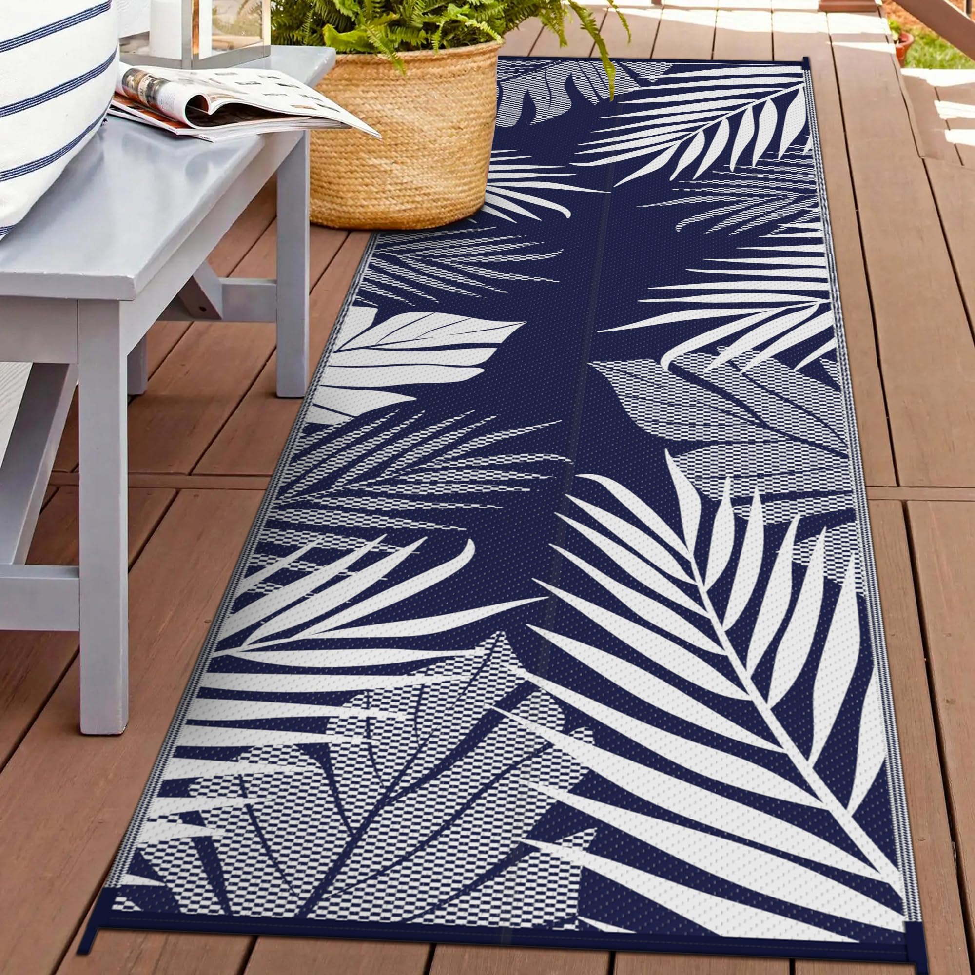 GENIMO alfombra frontal azul blanco mostrando patrón y tamaño práctico