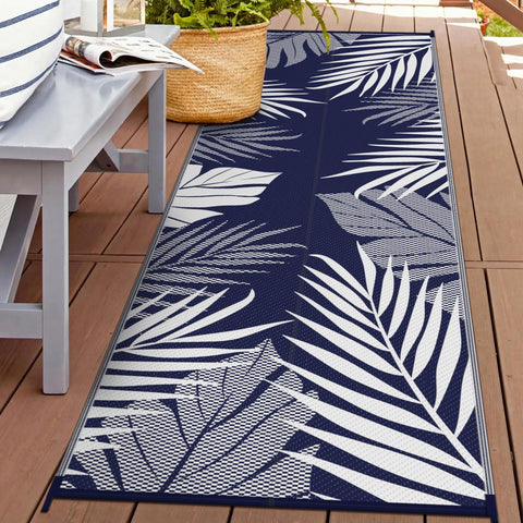GENIMO alfombra frontal azul blanco mostrando patrón y tamaño práctico