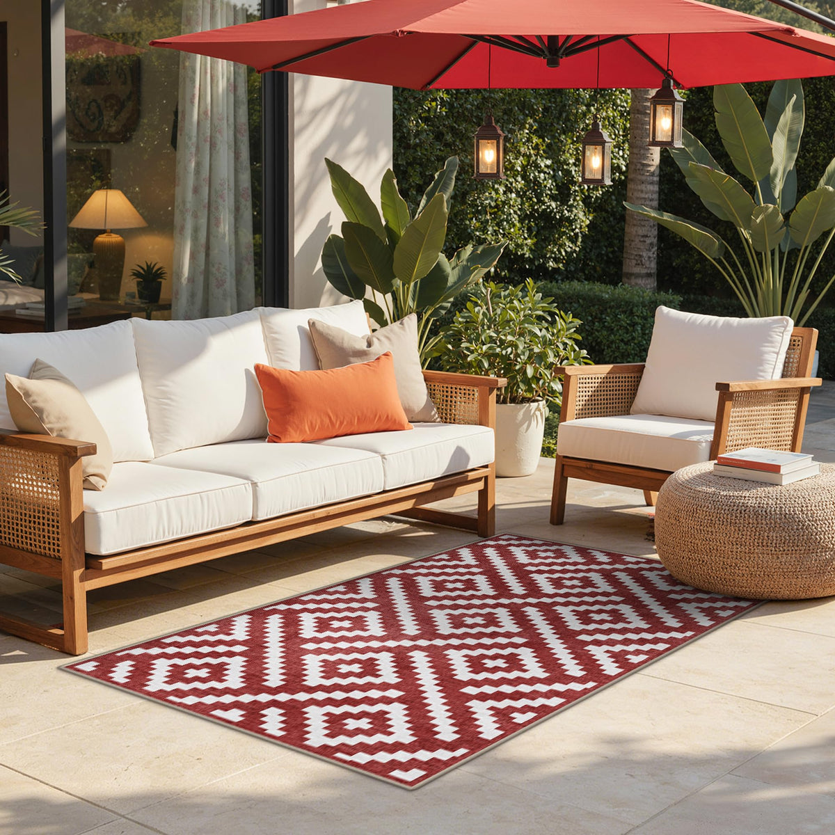 GENIMO alfombra vista frontal con diseño rojo rubí y blanco, elegante y resistente