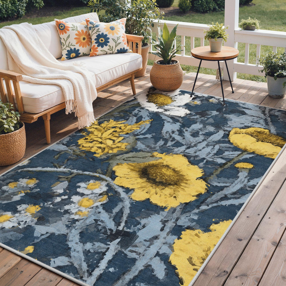 GENIMO vista frontal de la alfombra 5x8 con diseño navy yellow y beneficio estético