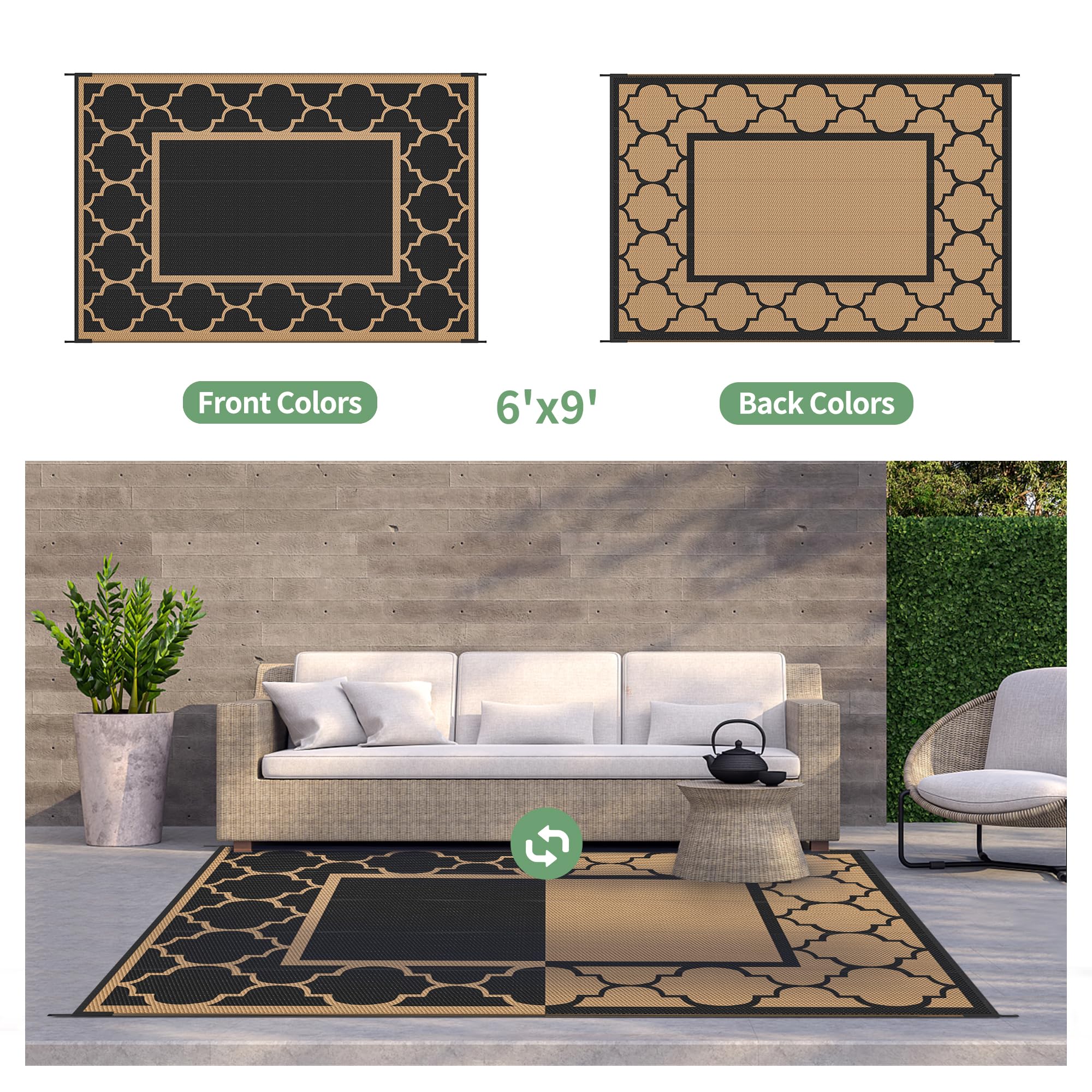 GENIMO alfombra colocada en patio junto a muebles, ambiente acogedor