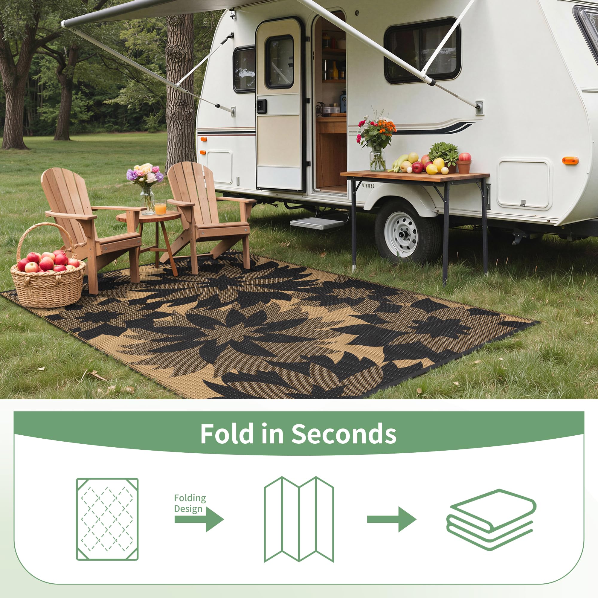 GENIMO alfombra ambientada junto a una RV mostrando uso práctico en acampada