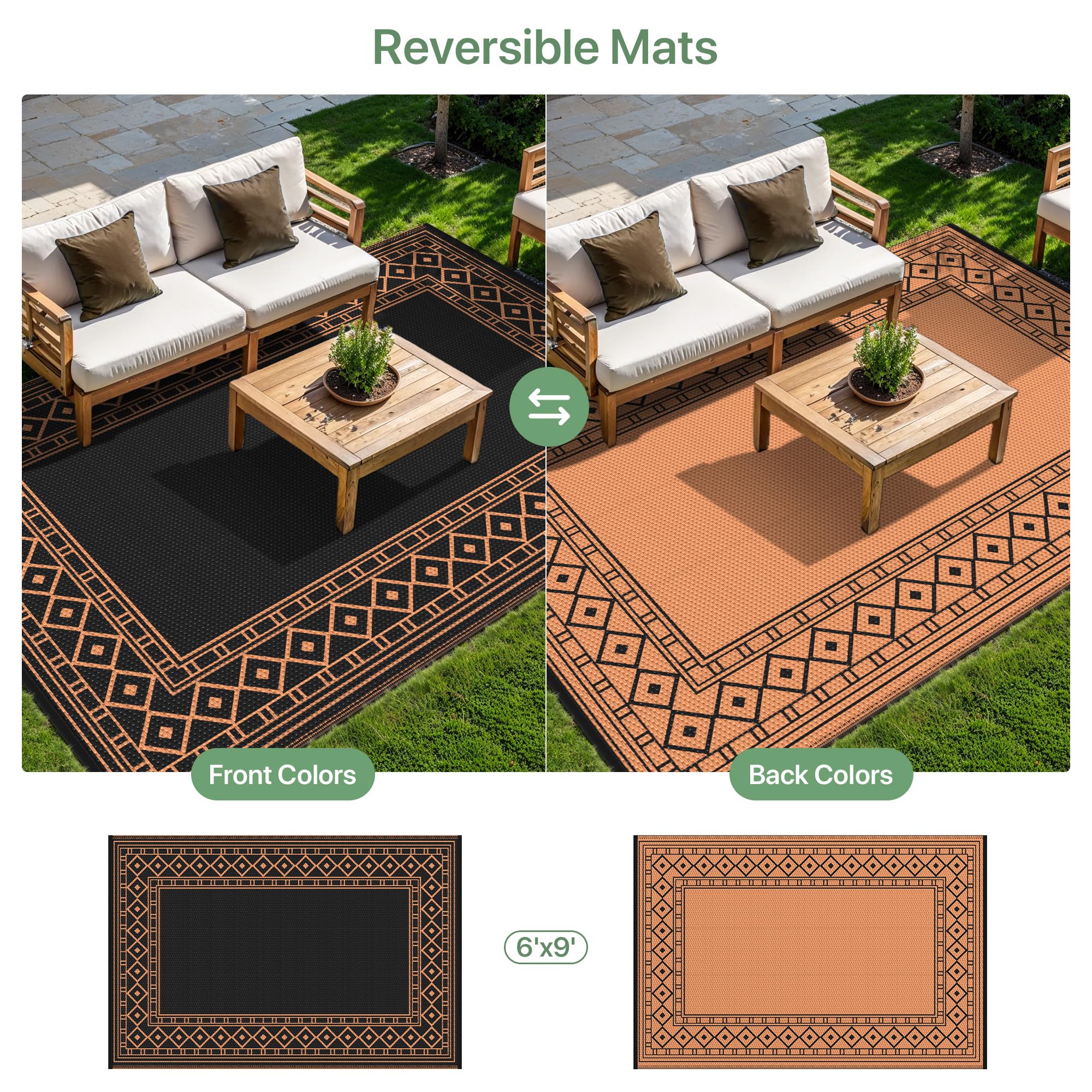 GENIMO alfombra en patio con muebles mostrando uso decorativo práctico