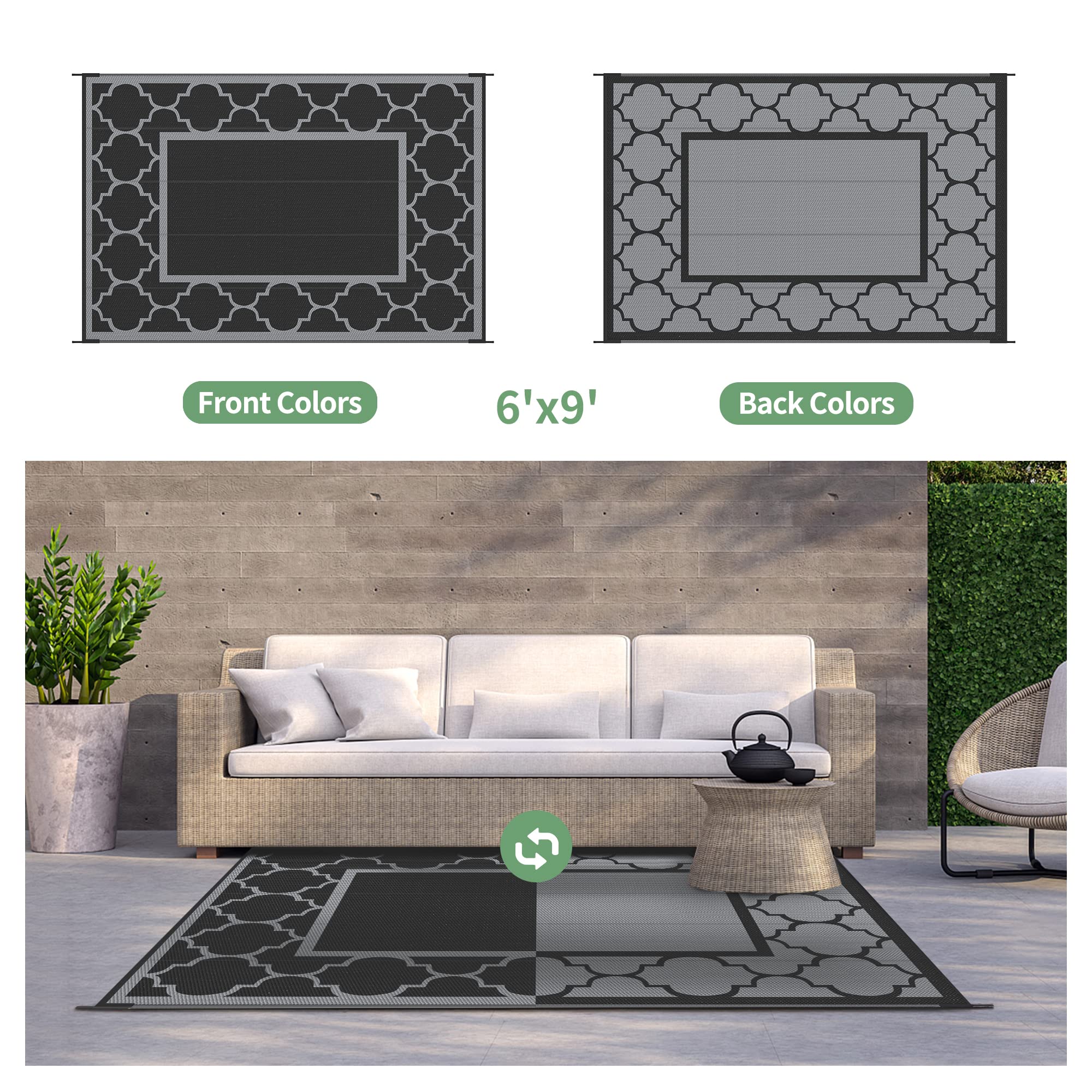 GENIMO alfombra en uso en patio bajo mesa y sillas, comodidad y protección
