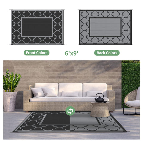 GENIMO alfombra en uso en patio bajo mesa y sillas, comodidad y protección