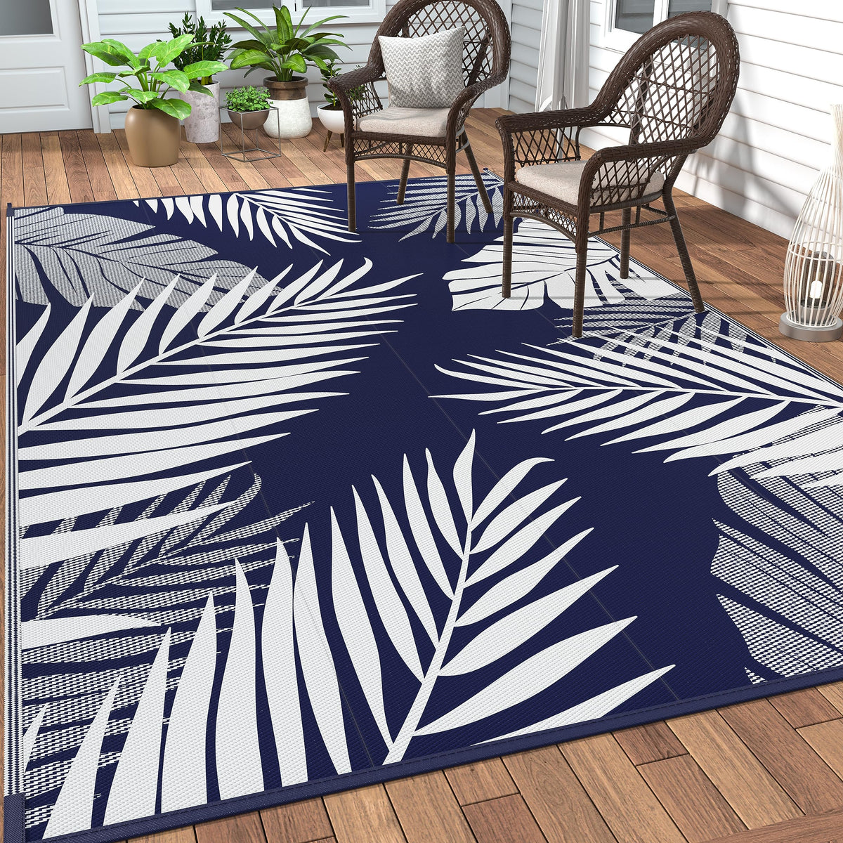 GENIMO alfombra frontal 5'x8' mostrando diseño azul blanco y beneficio resistencia