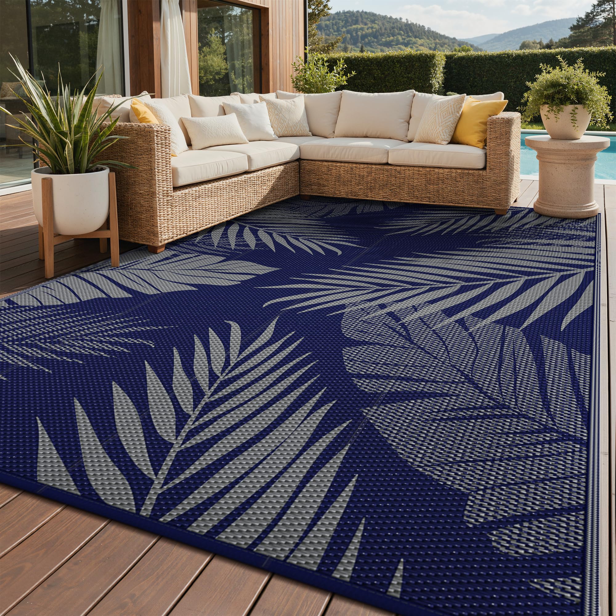 GENIMO alfombra frontal 9'x12' azul gris mostrando patrón y tamaño