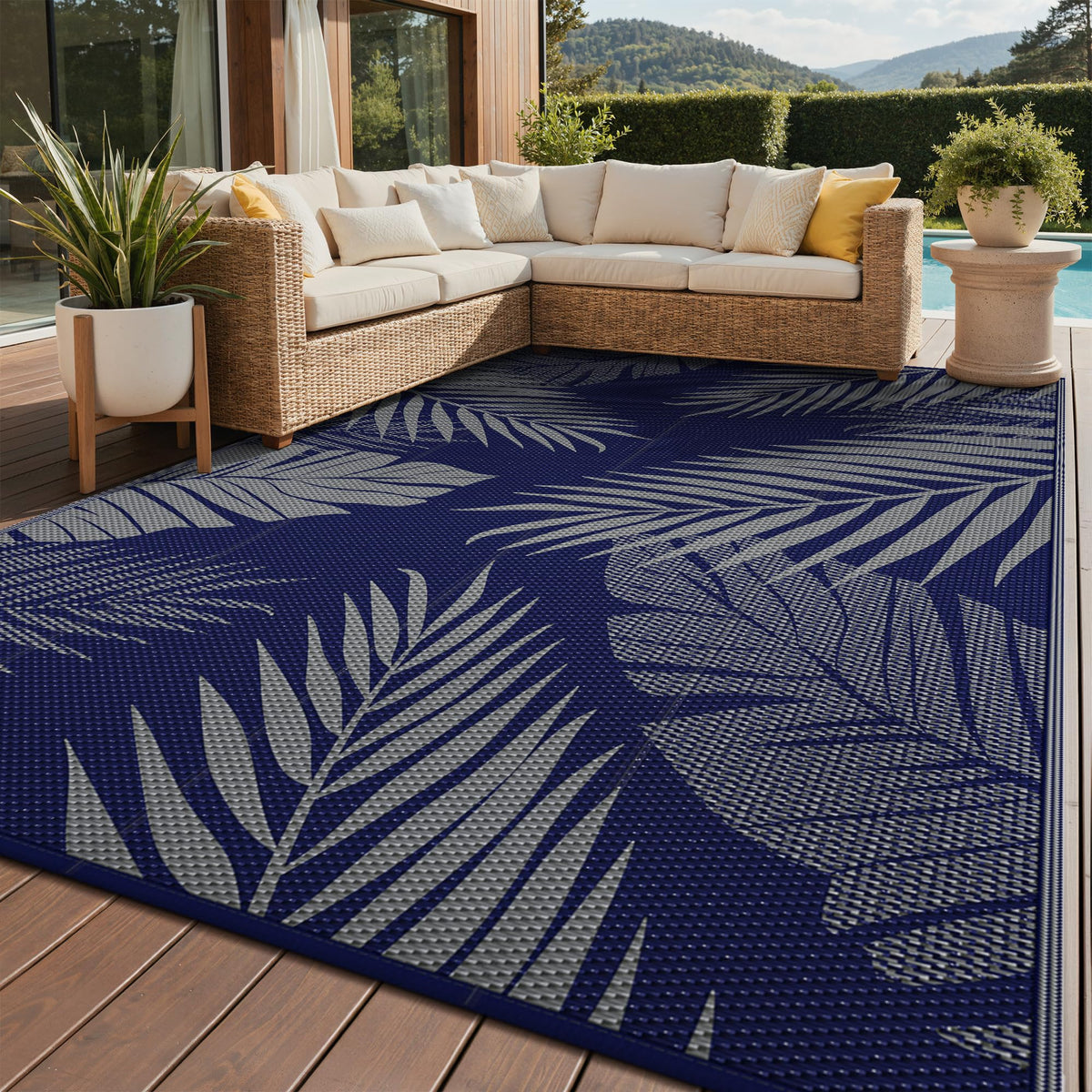 GENIMO alfombra frontal 9'x12' azul gris mostrando patrón y tamaño