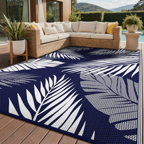 GENIMO vista frontal de alfombra azul y blanco, aspecto elegante y resistente