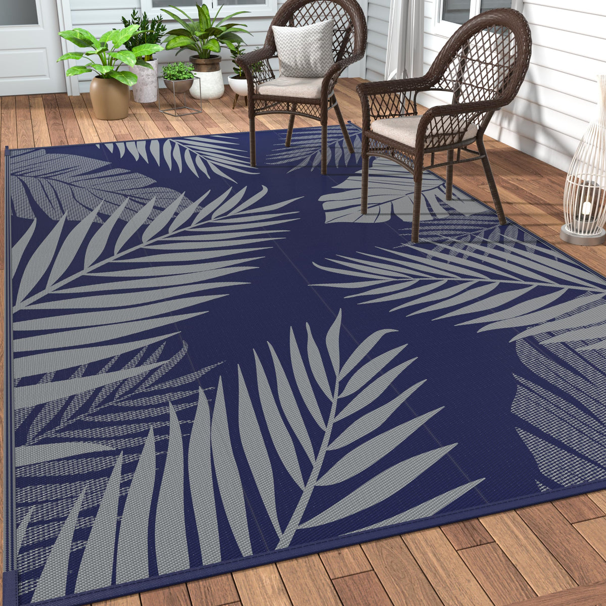 GENIMO vista frontal de la alfombra azul gris, aporta estilo al patio