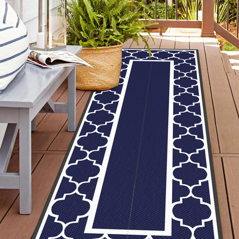 GENIMO vista frontal de la alfombra exterior azul blanco con aspecto elegante