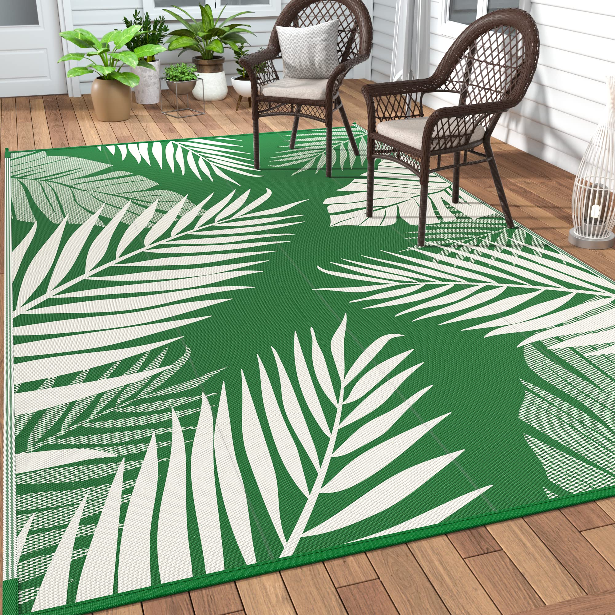 GENIMO vista frontal de la alfombra exterior mostrando diseño palm leaf y color