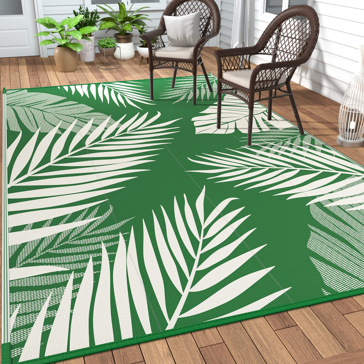 GENIMO vista frontal de la alfombra exterior mostrando diseño palm leaf y color