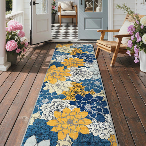 GENIMO vista frontal del runner azul mostrando diseño floral y beneficio estético