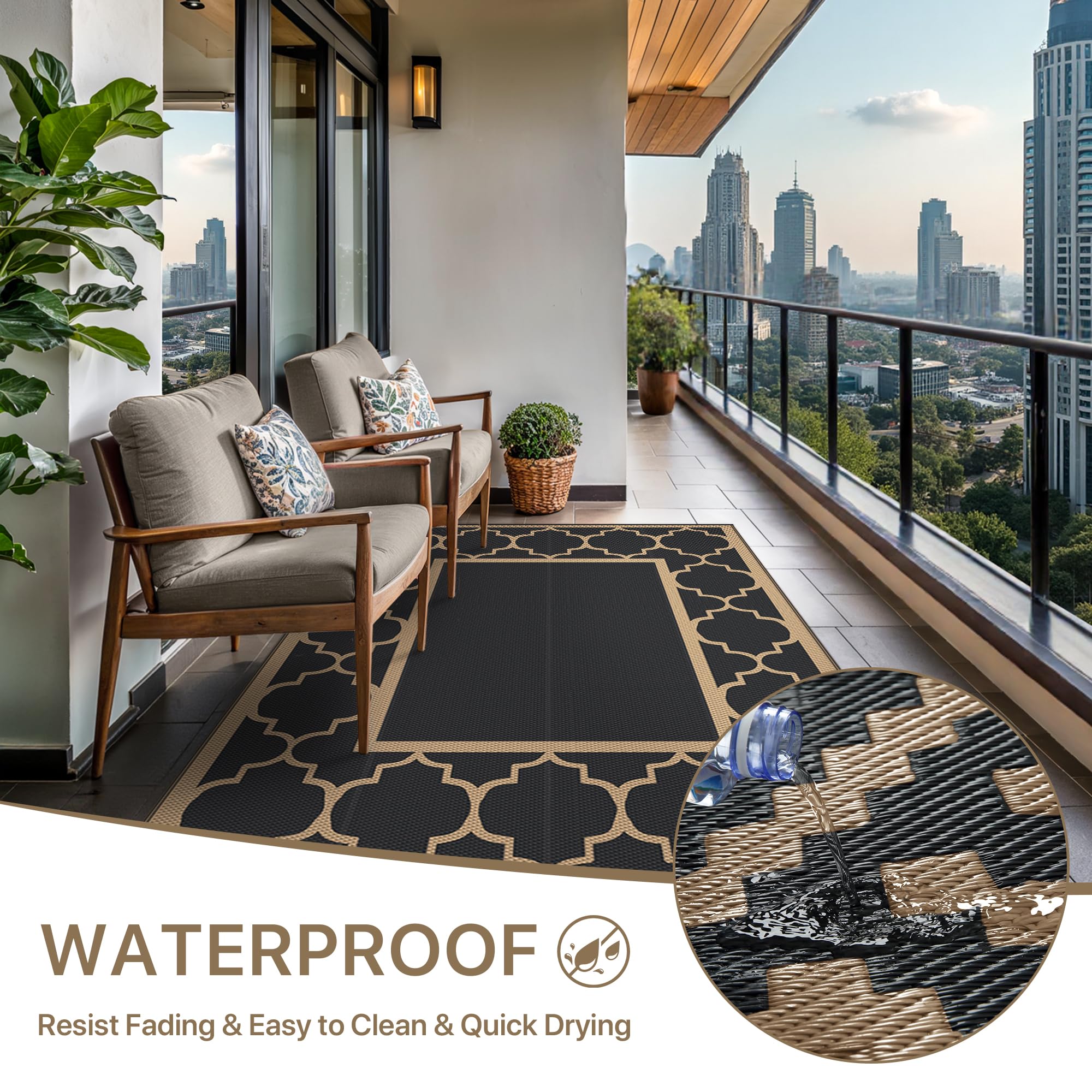 GENIMO alfombra 5'x8' junto a una silla para comparar tamaño