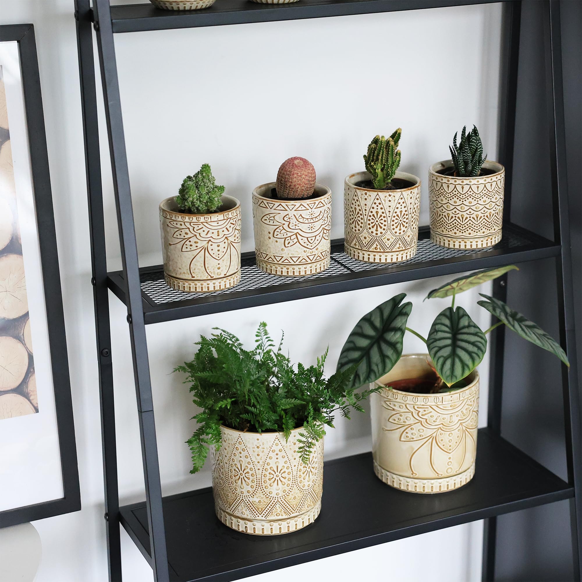 Gepege macetas en estantería para decorar interiores con estilo